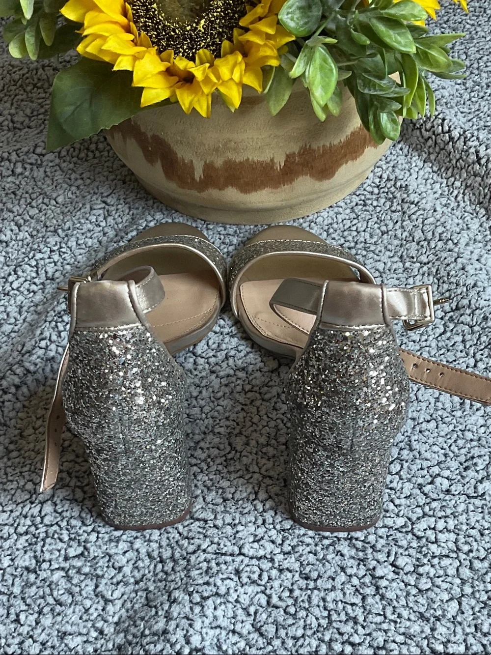 Gianni Bini Champagne Glitter Block Heel Sandals